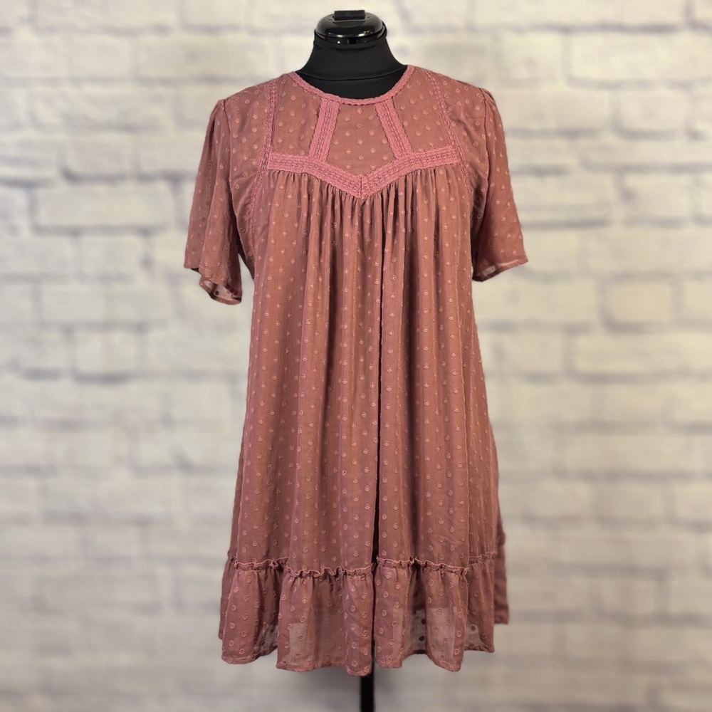 Umgee Dusty Rose Lace Trim Mini Dress